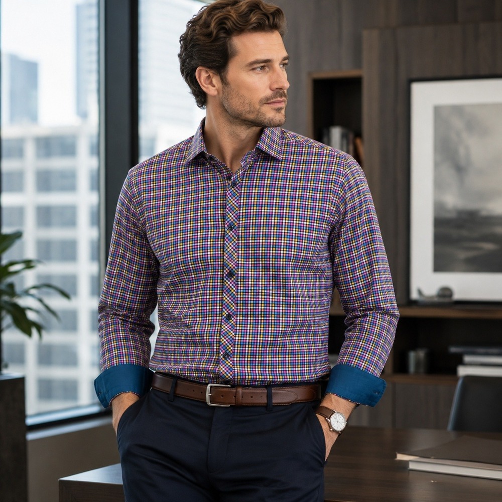 New Jared Lang Mens Multicolor Plaid Button Front Dress Shirt Sz L Cotton